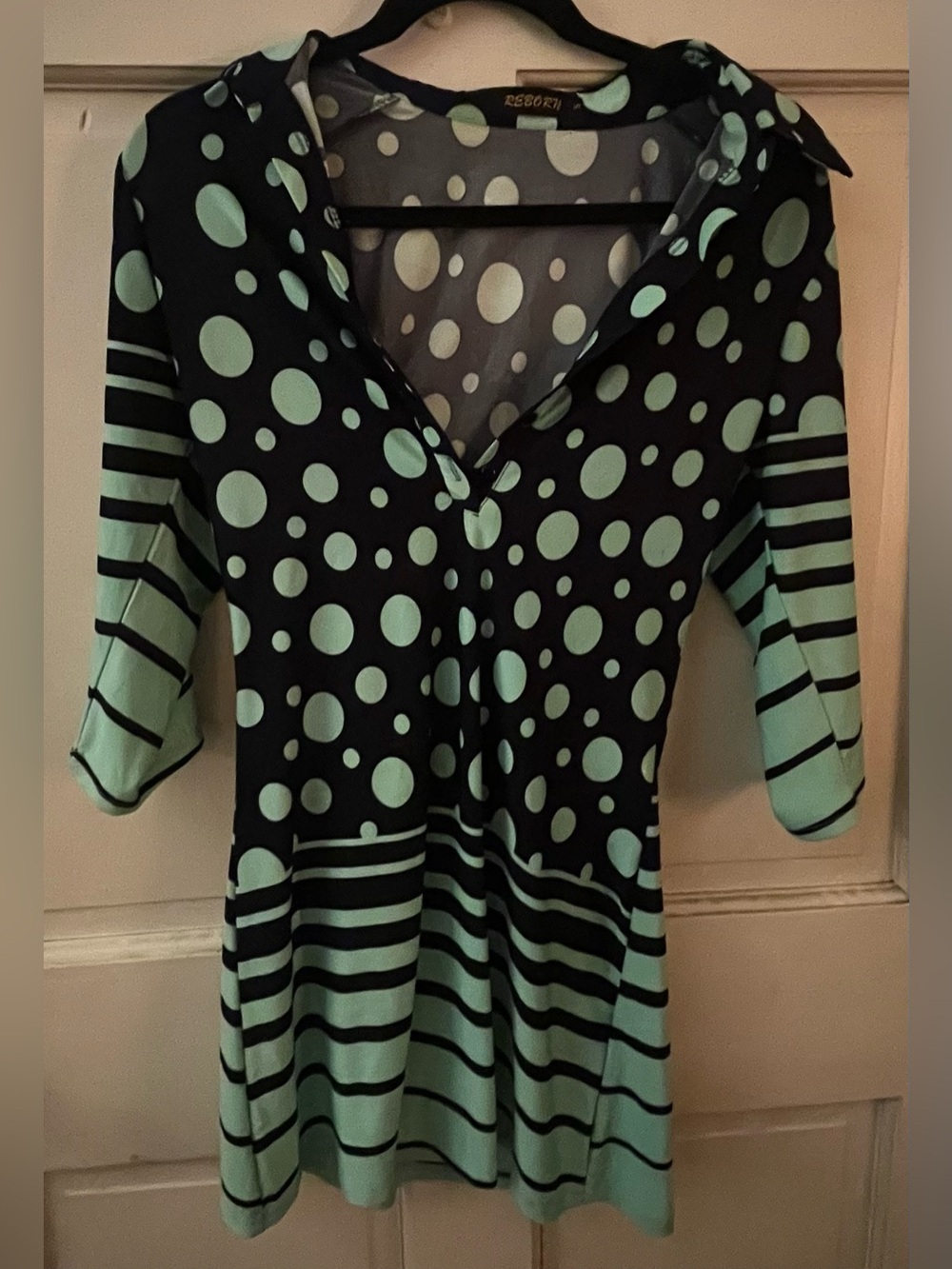 Reborn J Mint Green Black Polka Dot Stripe Tunic Mini Dress Size Small Y2K